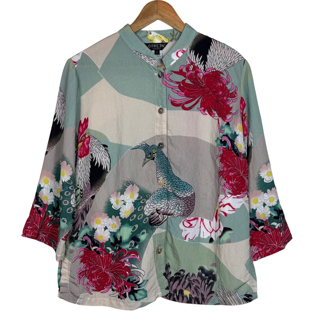 Citron Santa Monica Blouse Art to Wear Asian Bird Peacock Floral Womens S Boho